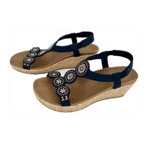 PLATFORM SLINGBACK SANDALS WITH BEADED DETAIL, NAVY BLUE, SKECHERS, SIZE 7